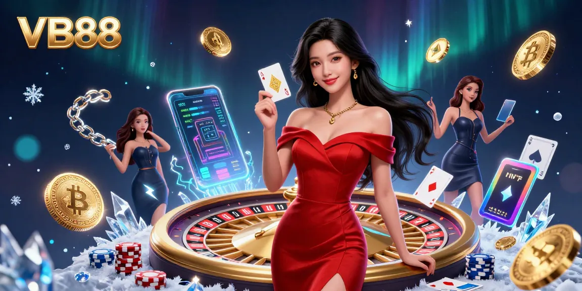 Engaging VB88 casino illustration showcasing a stunning Asian woman beside a roulette wheel, exuding elegance.