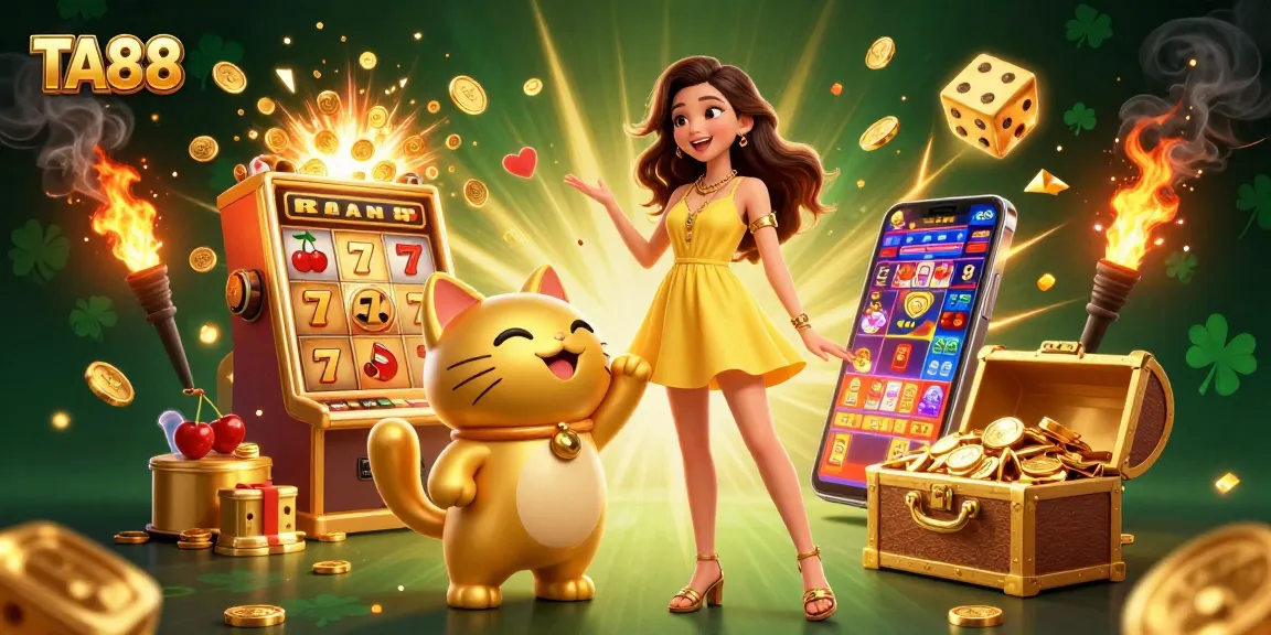 Experience big wins at TA88 with a joyful Asian woman and lucky cat amidst casino excitement.