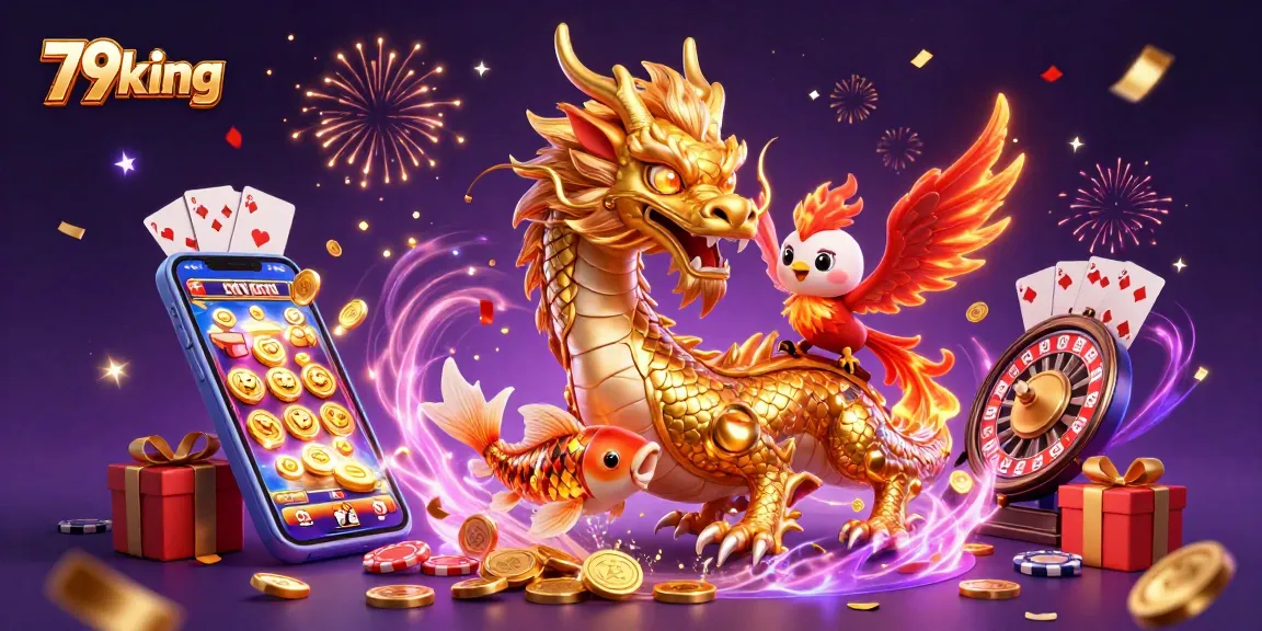 Spin slot games with 79king's fierce dragon and phoenix in a dazzling casino scene.