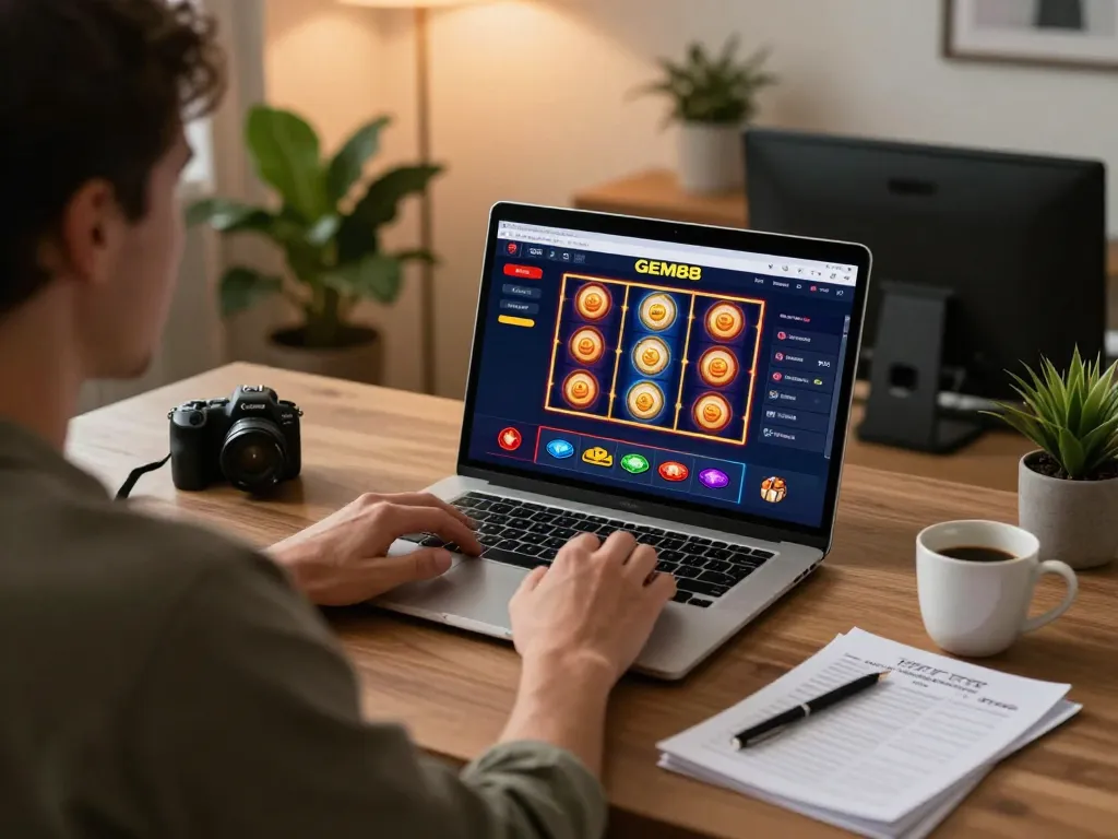 Gambling on GEM88 with vibrant slot games displayed on a laptop at home