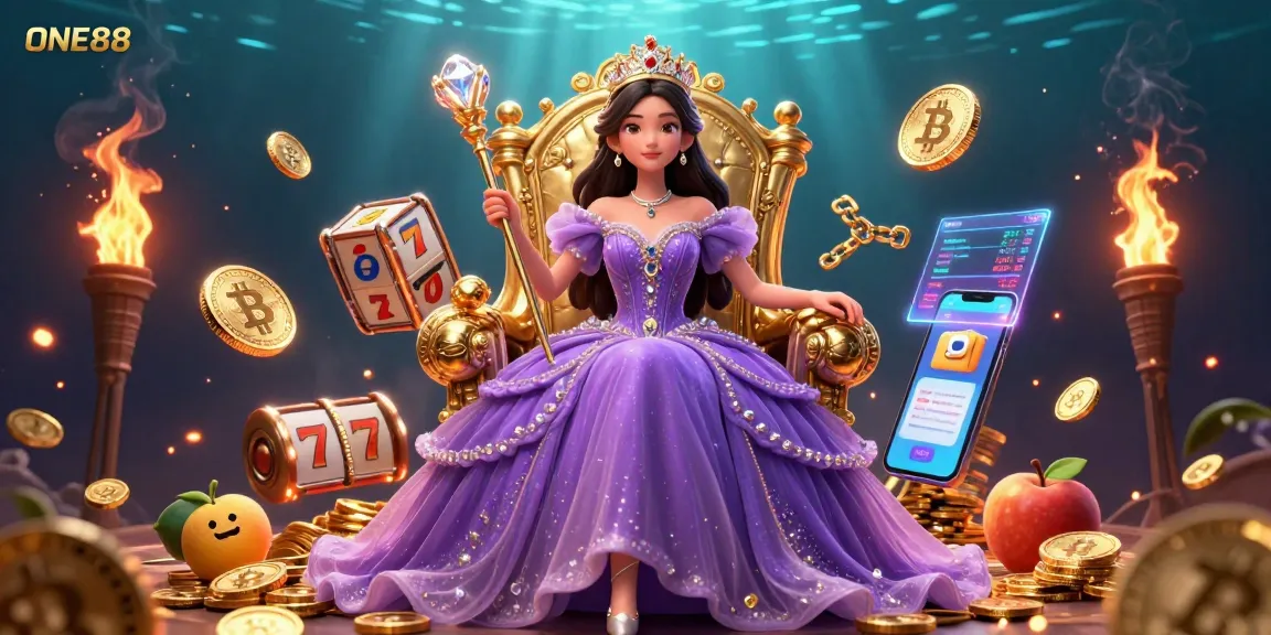 Experience thrilling gaming at ONE88 with a glamorous illustration showcasing a regal figure amidst exciting slot game elements.