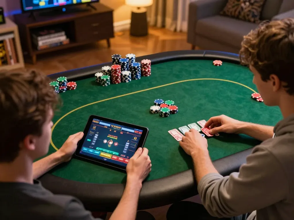 Player using mk8 for online poker with chips in cozy home setting, exciting gameplay atmosphere.
