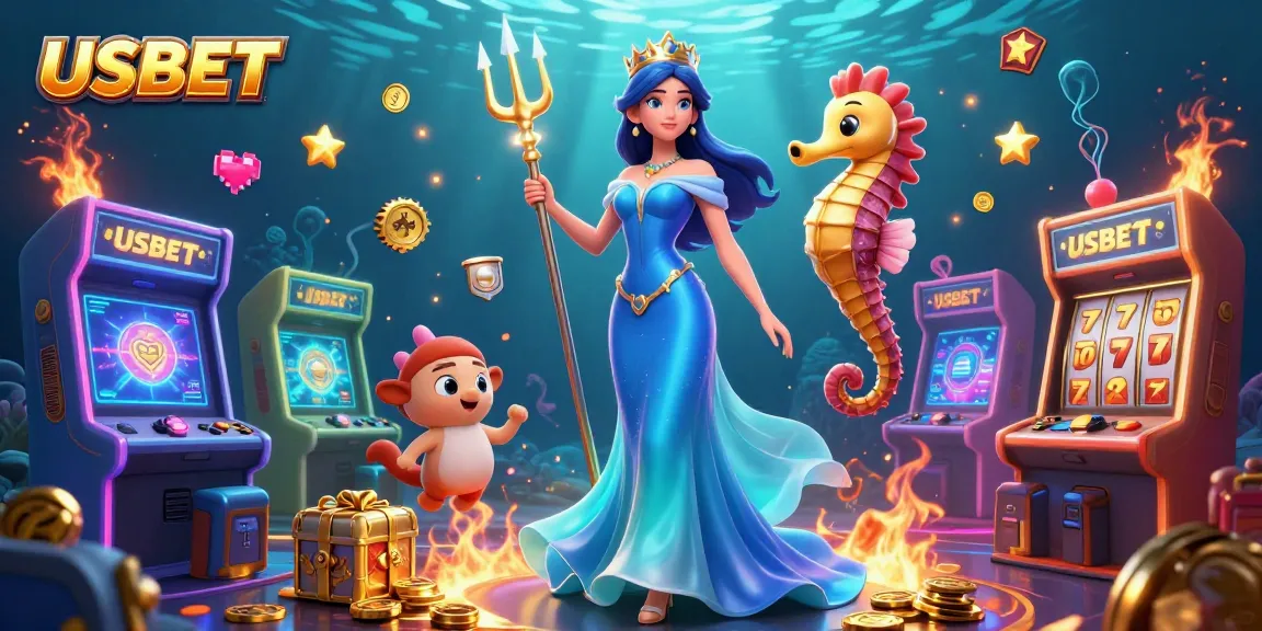 Bet big with USBET as a glamorous woman and seahorse king navigate an underwater casino scene.