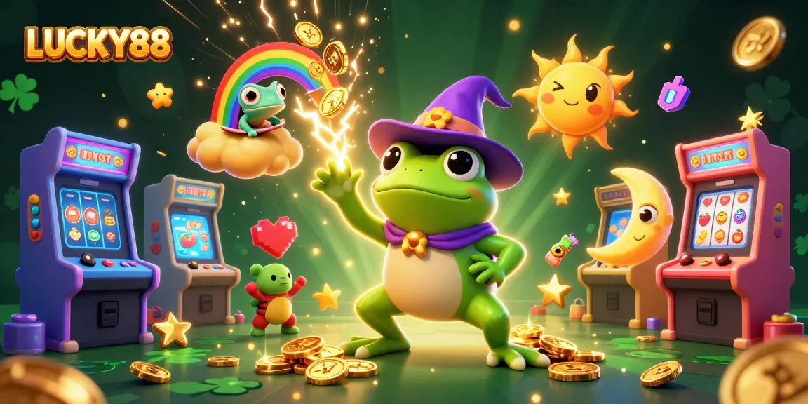 Winning with LUCKY88, a vibrant casino scene filled with golden coins and colorful gaming elements.