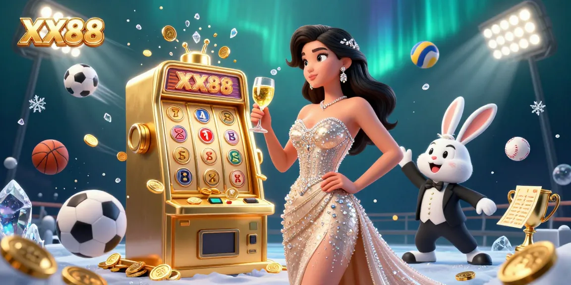 Engage with the excitement of XX88 as a stunning woman toasts with a golden glass next to a jackpot slot machine.