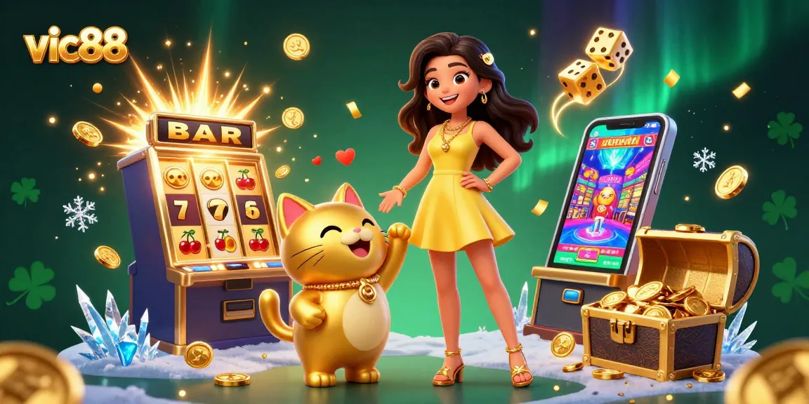Experience the excitement of vic88 with a charming Asian woman and lucky cat amidst casino thrills.