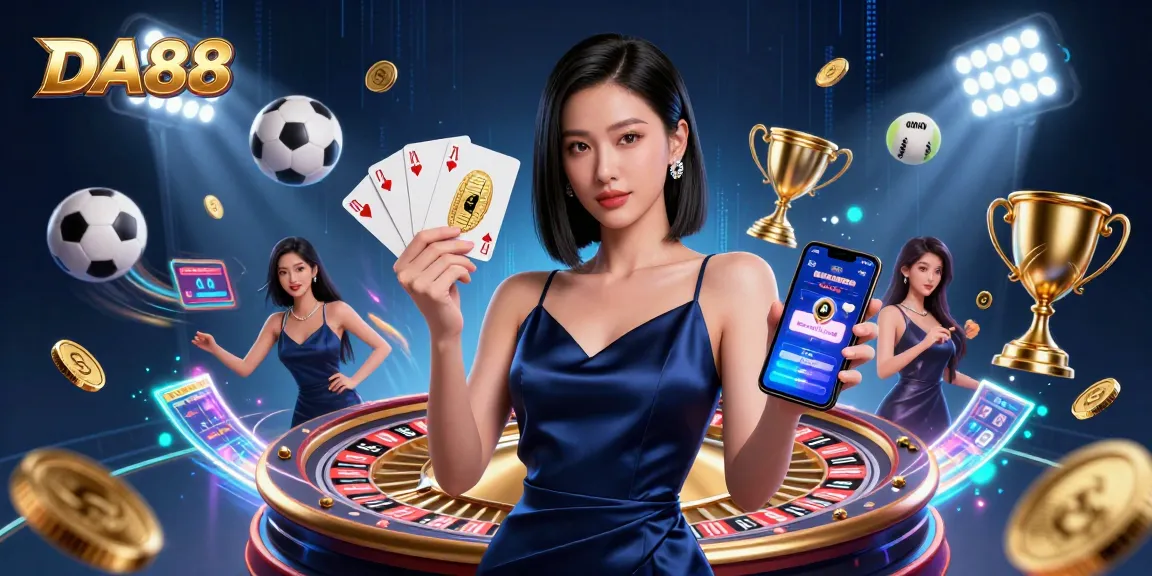 Engage with DA88, showcasing an Asian woman confidently holding a golden chip and smartphone amidst casino elements.