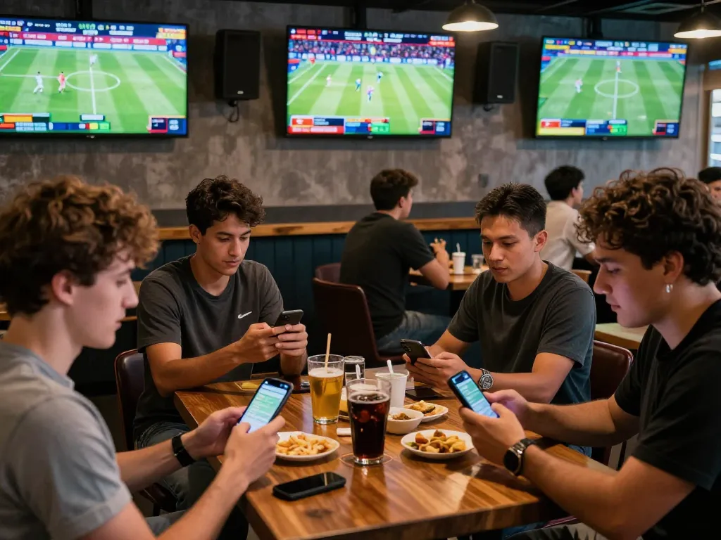 NET88 sports fans actively placing bets while enjoying live games and snacks at a modern sports bar.