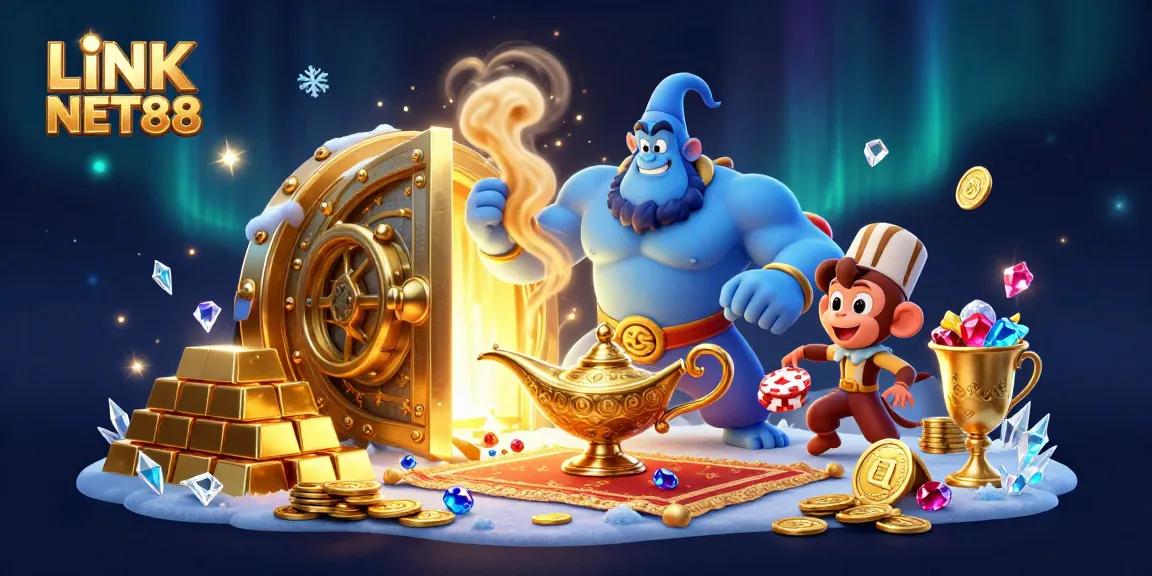 Engage in thrilling gameplay with LINK NET88's vibrant 3D casino illustration showcasing genie magic and casino treasures.