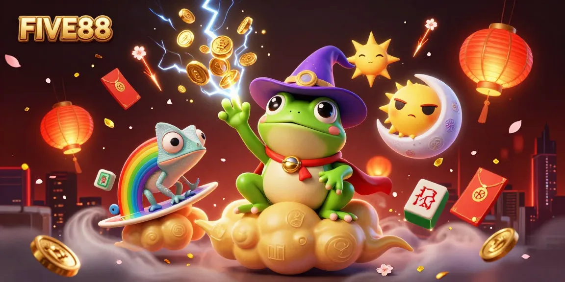 Engage with the vibrant world of FIVE88 as a wizard frog conjures a golden coin storm amidst a chameleon on a cloud.