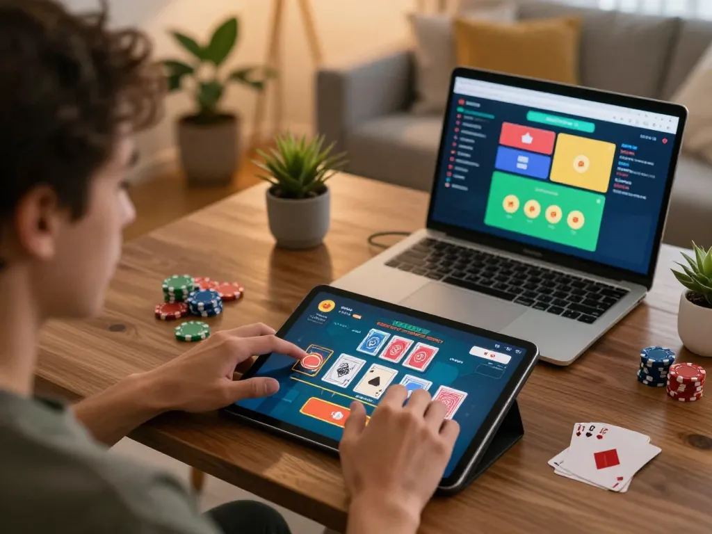 g28 player engaging in online blackjack gameplay with chip bets on tablet, cozy gaming setup