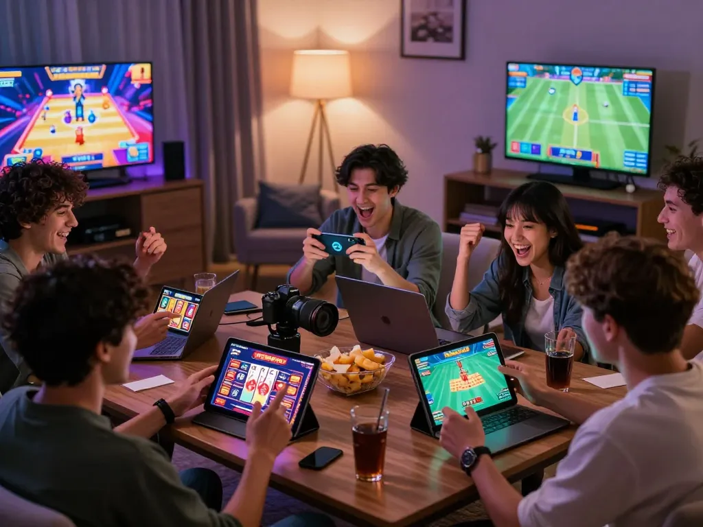 Players exploring diverse games while tải hitclub on their devices in a vibrant home gaming setup.