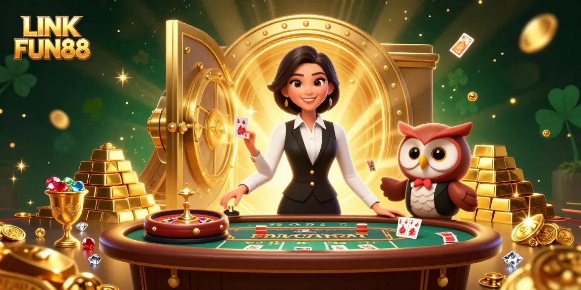 Win big with LINK FUN88 at an exciting baccarat table featuring animated dealers and vibrant casino elements.