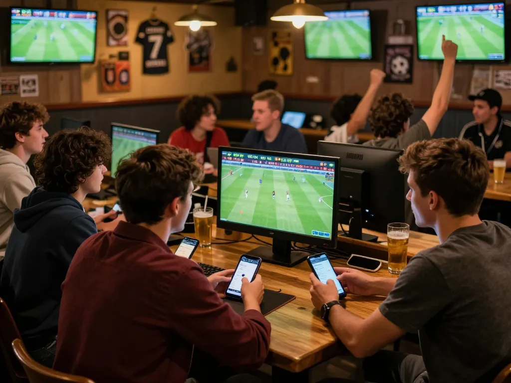 Xoilac sports enthusiasts placing bets while watching live matches in a lively sports bar setting