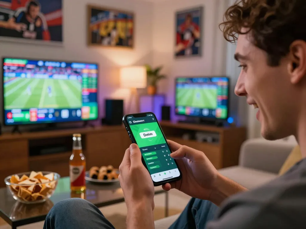 Engaged player using the debet betting app to place bets on live sports in a cozy setting.