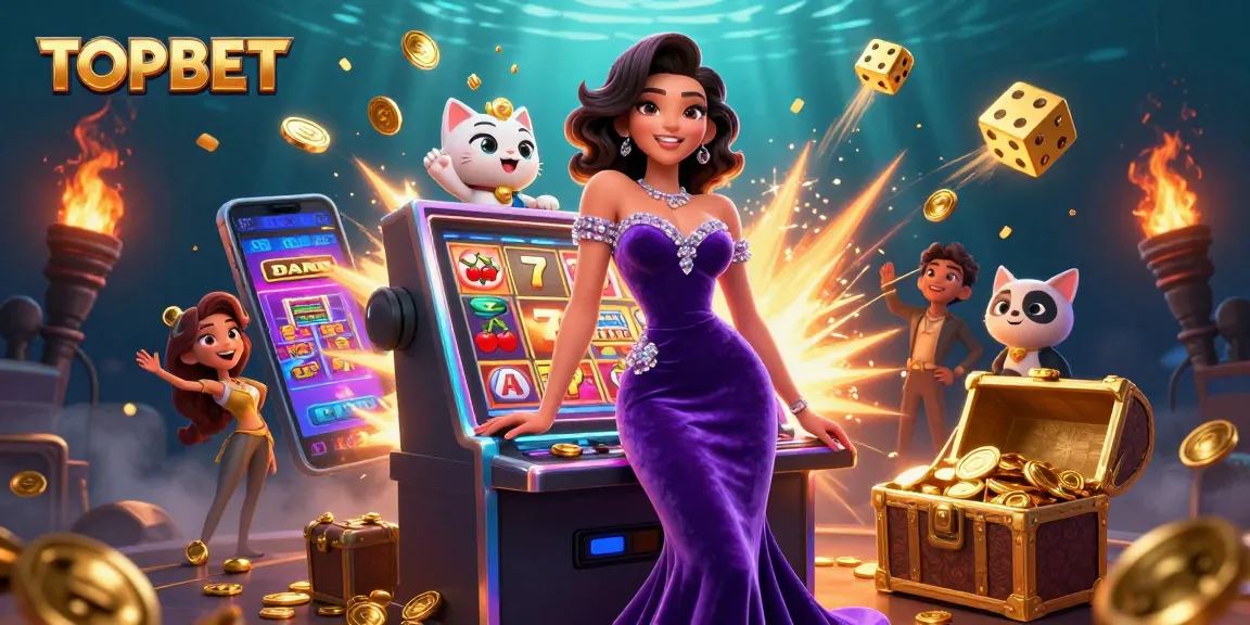 Experience the excitement of TOPBET with a glamorous jackpot scene, colorful slots, and shimmering coins.