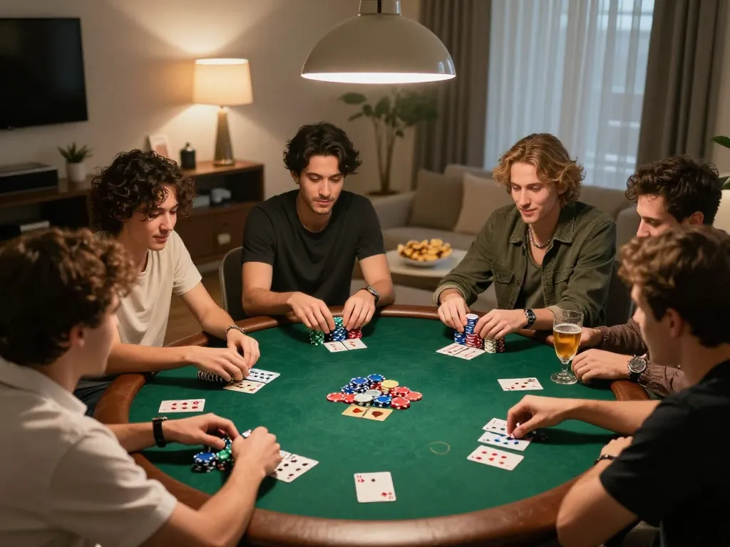 Engaging home poker night scene with friends showcasing strategic gameplay around SC88 themed table.