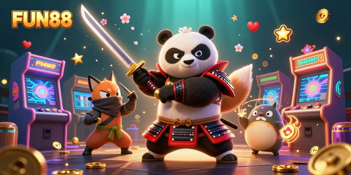 Experience FUN88 with a dynamic scene featuring a samurai panda, ninja fox, and magical tanuki amidst colorful casino game elements.