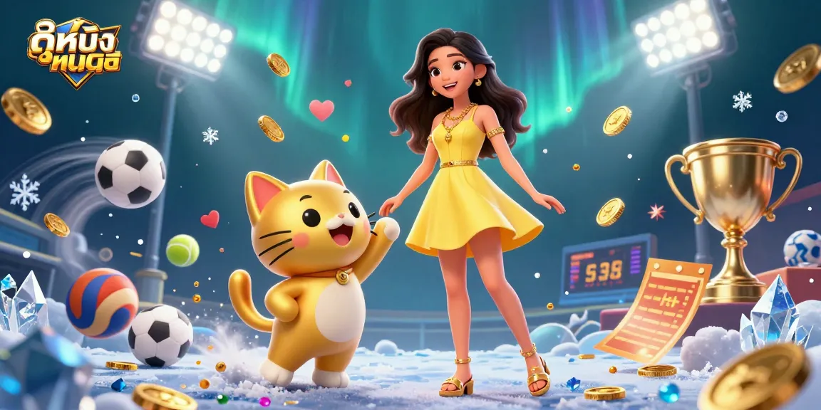 Engage in ดูหนังออนไลน์ with a joyful Asian woman and a lucky cat, surrounded by dynamic gambling elements.
