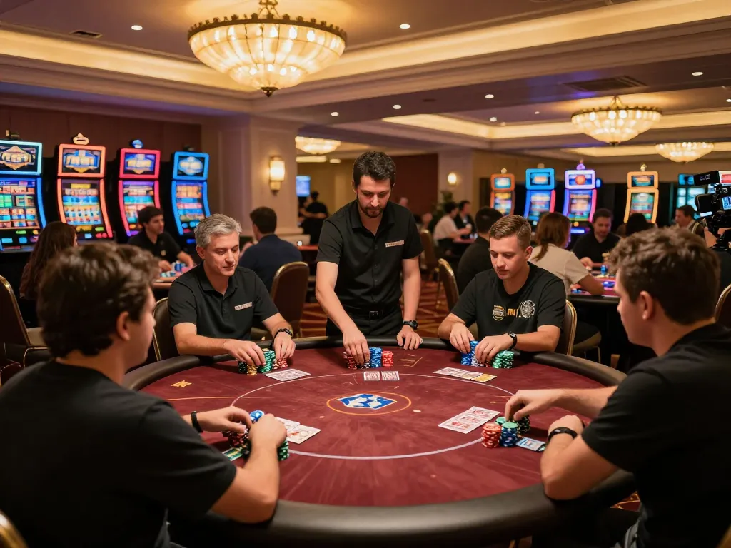 Players enjoying poker tables at JUN88 casino with vibrant atmosphere and luxurious decor