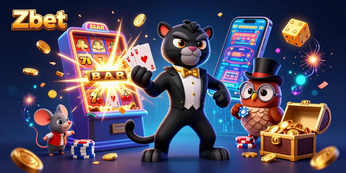 Zbet’s stylish characters engage in a dynamic casino scene filled with colorful games and excitement.