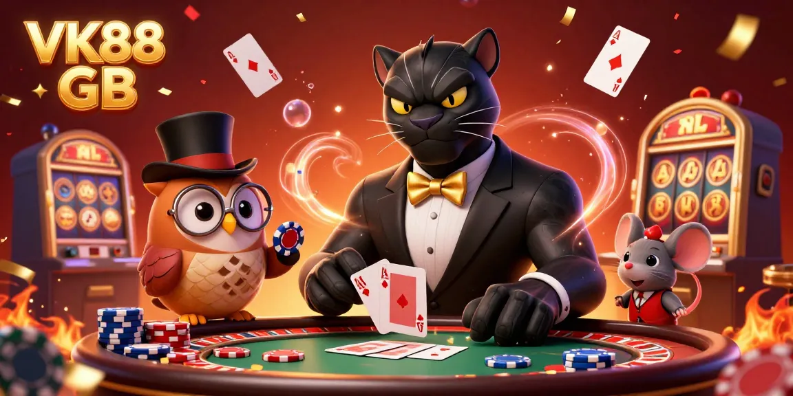 Engage in VK88 GB's vibrant casino atmosphere with charming characters amid floating cards and roulette elements.