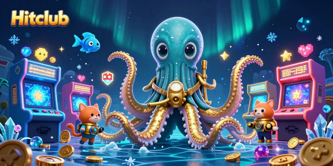 Experience exciting gaming adventures at Hitclub with a vibrant 3D illustration featuring a kraken and diving cat.