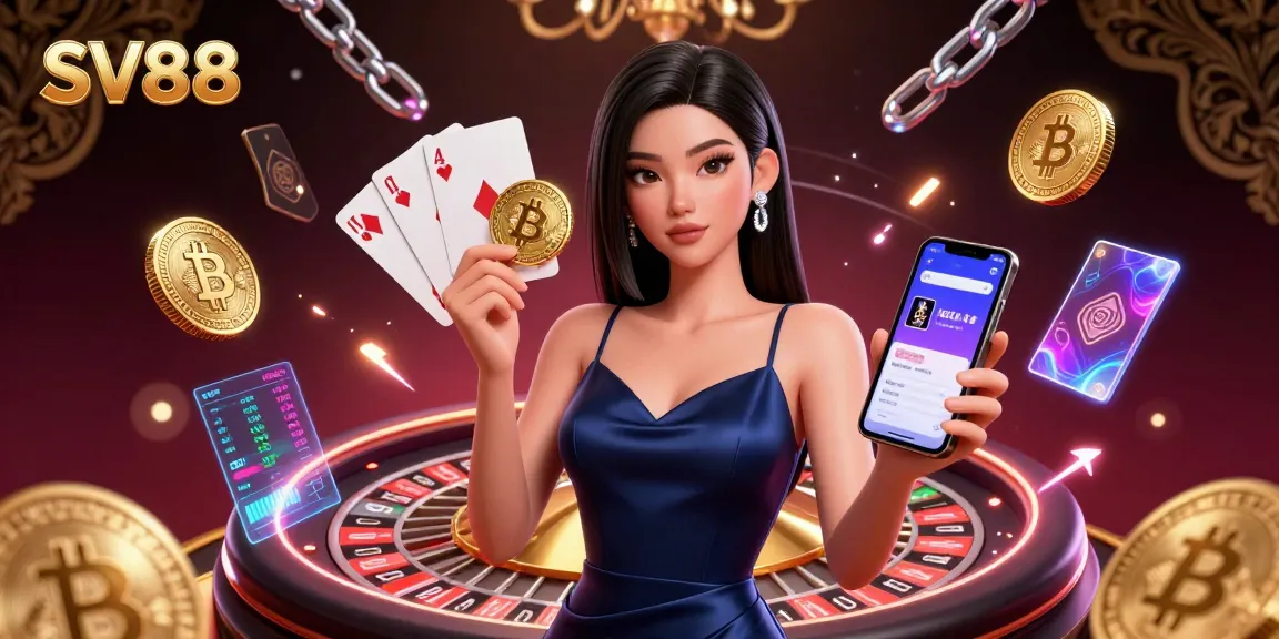 Engage with SV88's captivating casino experience featuring vibrant game elements and a stunning host.