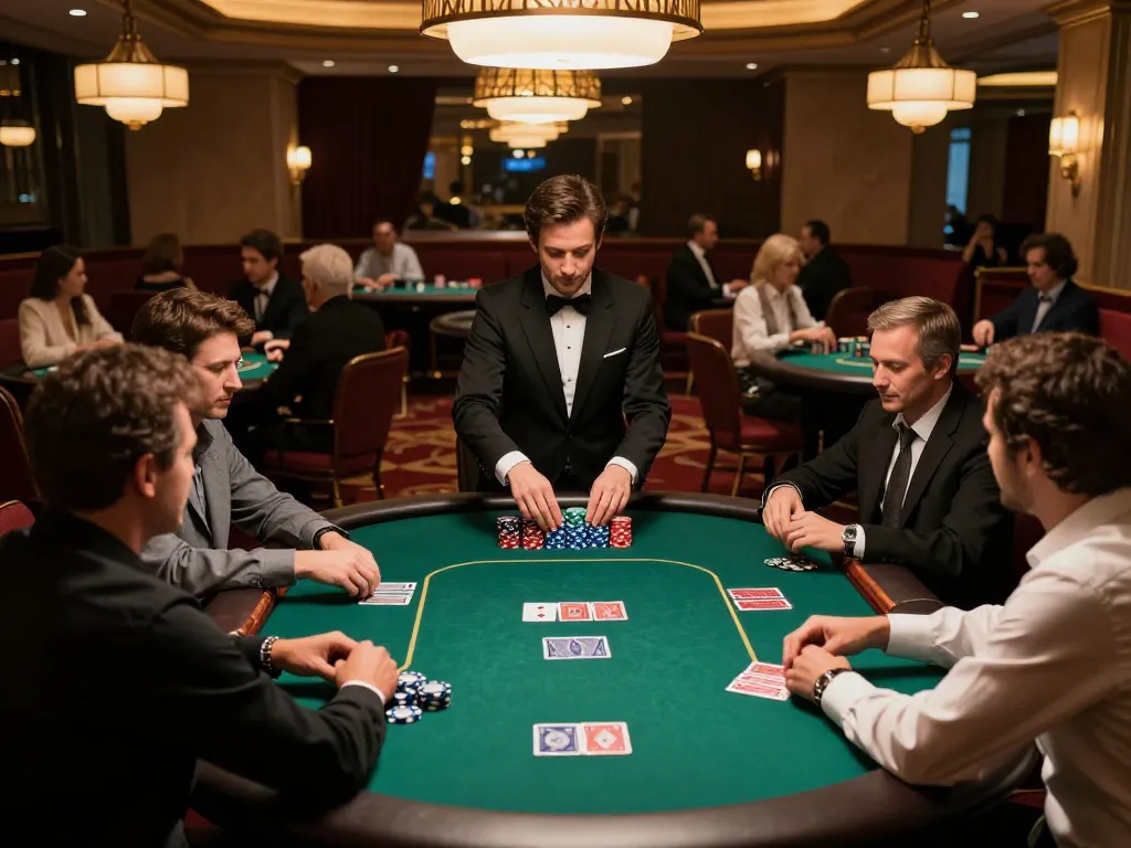 Players engaging in competitive poker at a luxurious casino, showcasing the thrilling atmosphere of ok8386 gameplay.