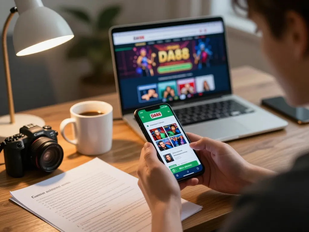 Engaging online gaming moment with DA88 app on phone, strategic notes, and gaming setup atmosphere.