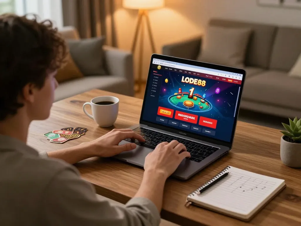 LODE88 user experiencing online gaming at home with strategy notes and warm ambiance.