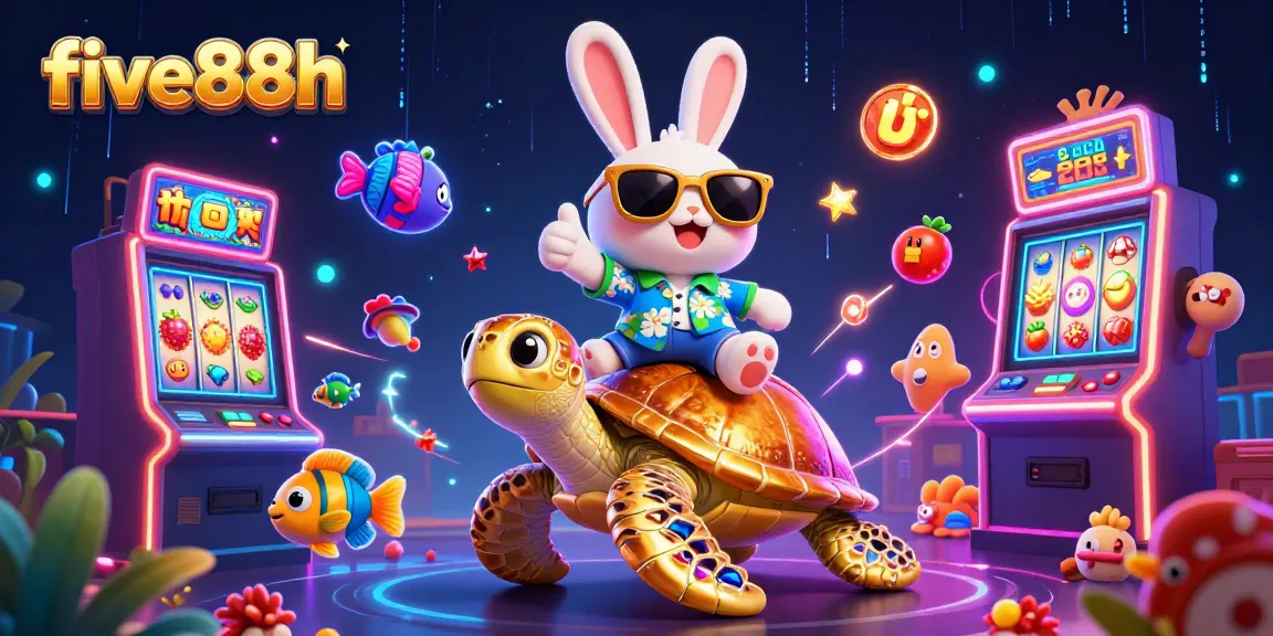 Experience the excitement of five88h with a lucky rabbit and giant turtle in a vibrant casino scene.