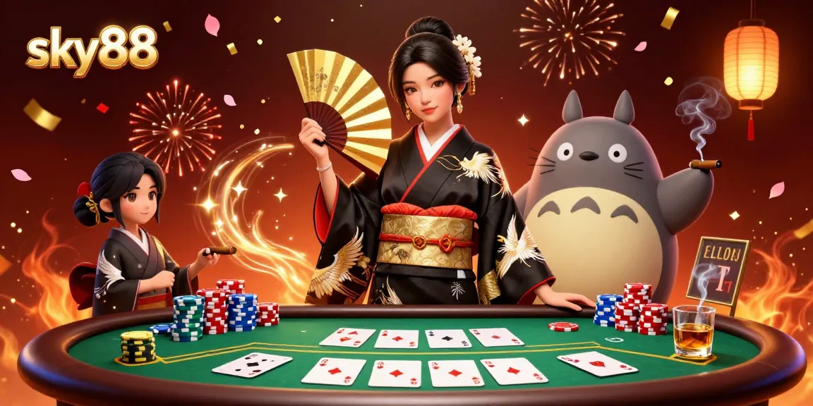 Experience sky88's thrilling poker game with a dynamic scene featuring an Asian woman in a kimono, poker chips, and festive fireworks.