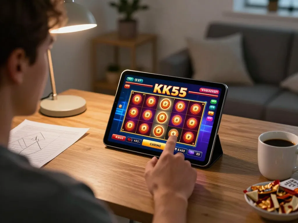Player engaging with KK55 casino app on a tablet during a cozy home gaming session.
