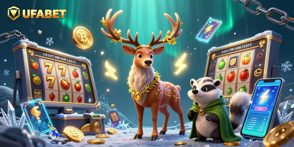 Experience thrilling UFABET online slots with a Celtic druid stag and badger in this vibrant casino scene