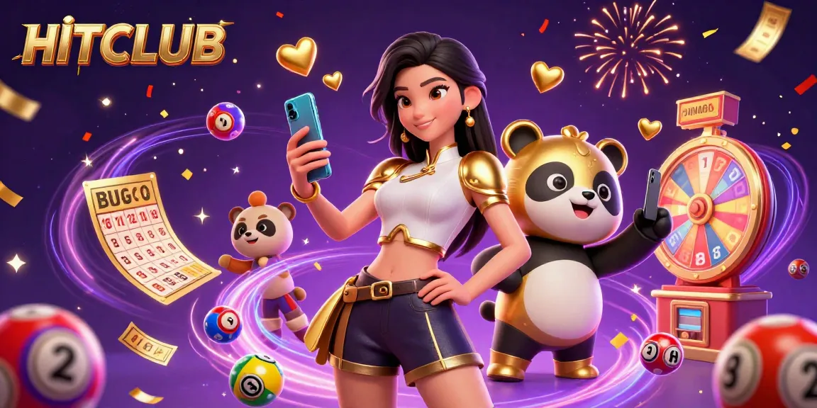 Experience the excitement of HITCLUB with a dynamic illustration featuring gambling elements, a smartphone game, and vibrant visuals.