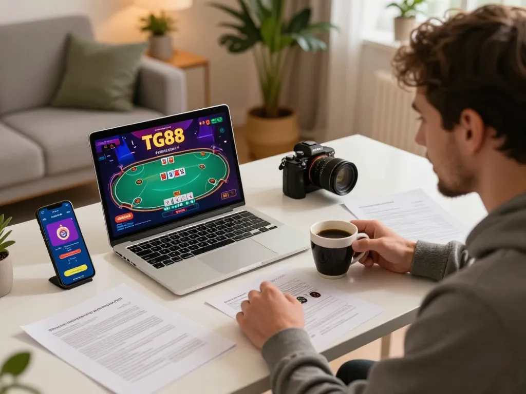 Player enjoying online gaming with TG88 app on laptop and smartphone in cozy home setting