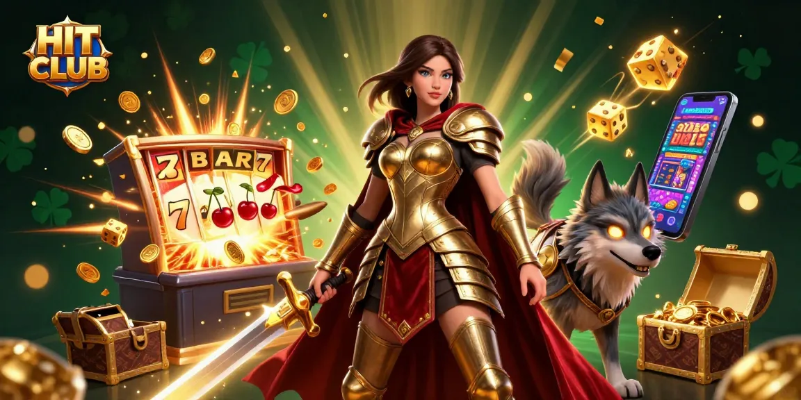 Spin to win with HIT CLUB at the vibrant casino scene, featuring dynamic slot machines and lively characters.