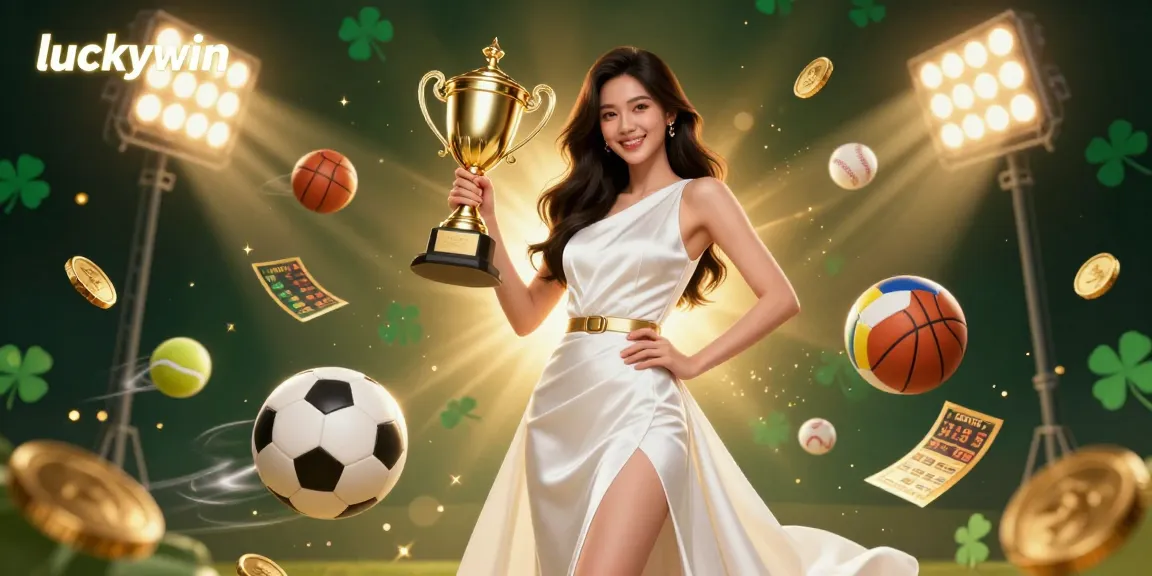 Experience the thrill of luckywin as a confident woman celebrates with a trophy amidst dynamic sports betting elements.
