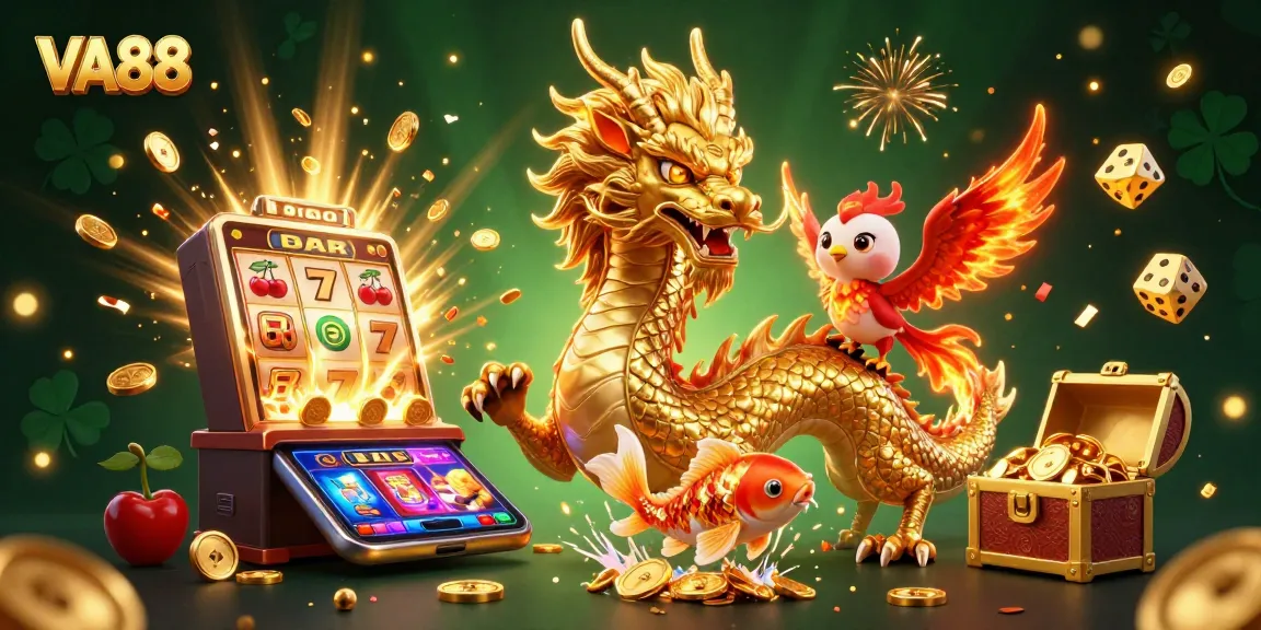 Experience the thrilling VA88 gaming atmosphere with a dynamic dragon, phoenix, and koi fish amidst coins and slot machines.