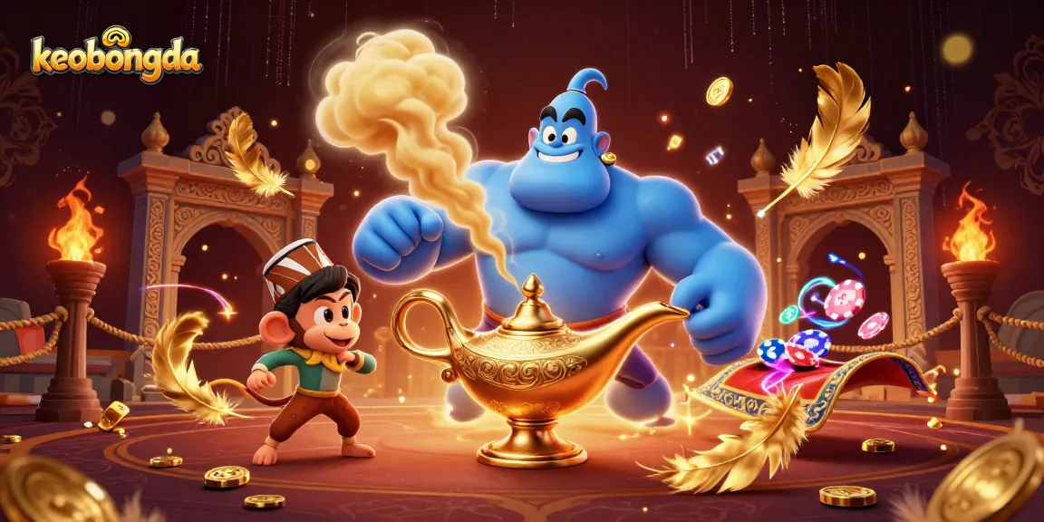 Engage with keobongda's exciting casino atmosphere featuring a dynamic genie bursting from a lamp.