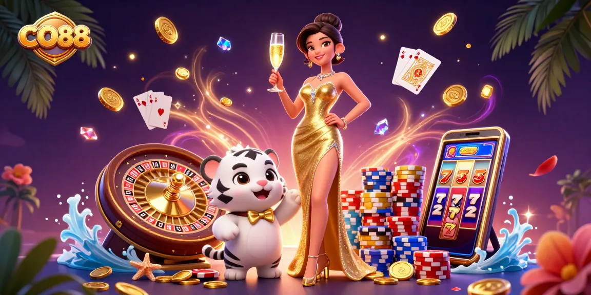 Play slots with CO88 for thrilling jackpots, as a glamorous woman celebrates beside a lucky tiger.