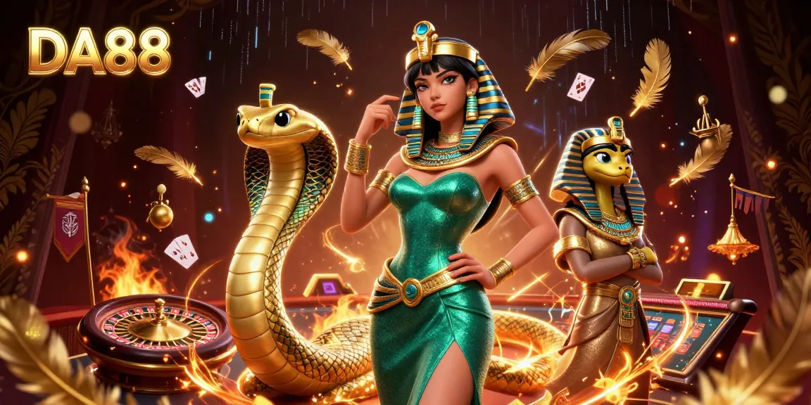 Engage with stunning DA88 digital casino scene featuring elegant woman and cobra amidst rich game elements.