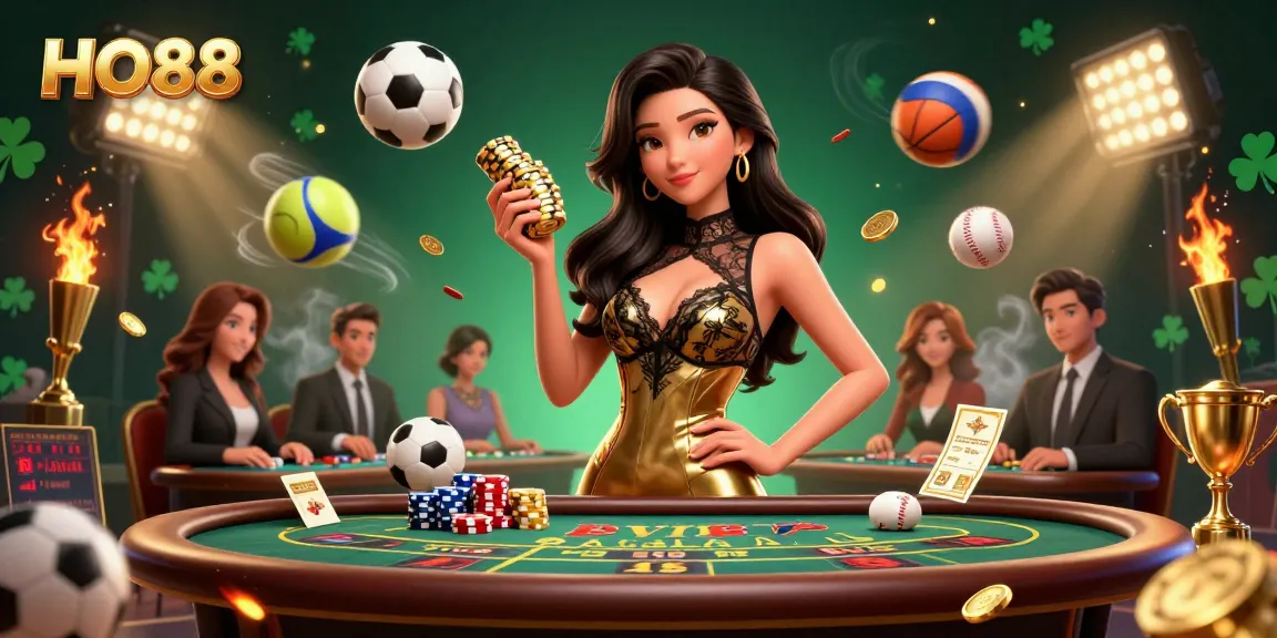 Engage in high-stakes gaming at HO88 with a glamorous player at a VIP baccarat table surrounded by dynamic sports elements.