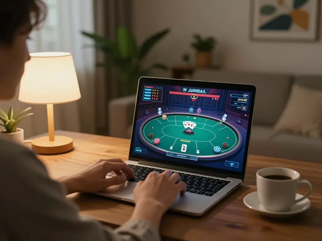 Person engaging with JUN88 online casino on a laptop in a cozy home environment