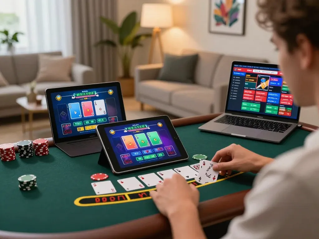 Player enjoying live dealer blackjack on tablet at home with VU88 interface visible