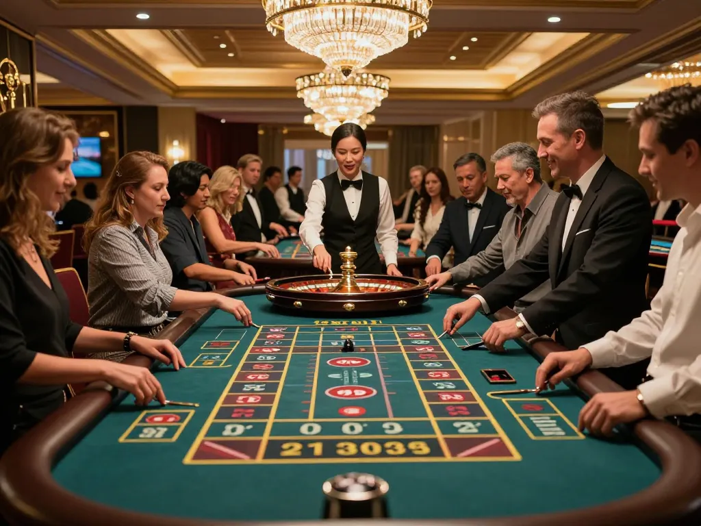 MAY88 players enjoying an exhilarating roulette game in a vibrant casino setting.