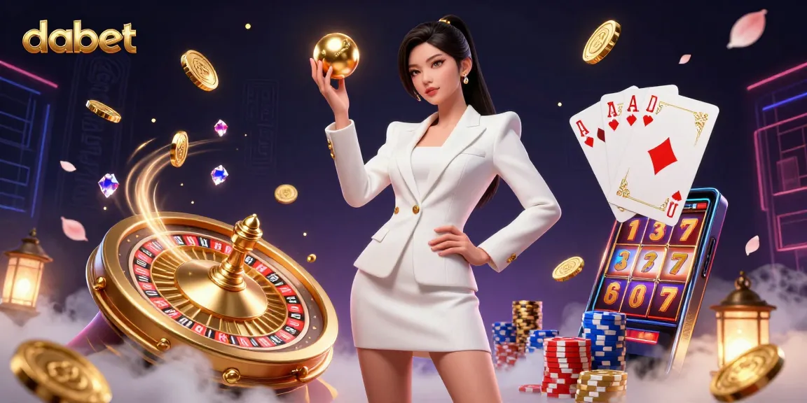 dabet features a stunning Asian woman holding a golden roulette ball in an immersive casino scene.
