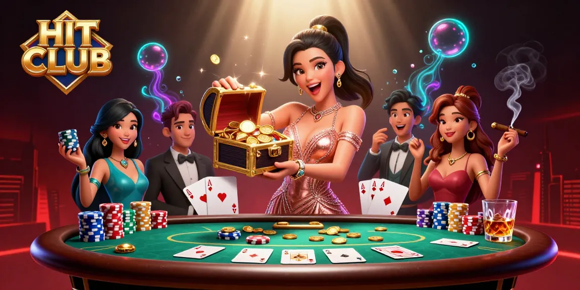 Experience thrilling wins at HIT CLUB with a glamorous treasure chest overflowing with riches and vibrant casino elements.