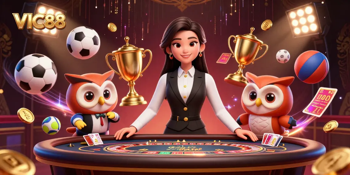 Experience thrilling baccarat action with VIC88's elegant dealers in an immersive casino setting.